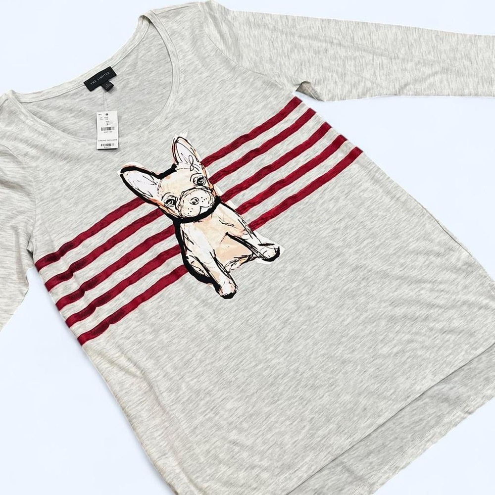 The Limited Small Medium Gray Brown Frenchie Puppy Red 3/4 Sleeve Tunic Top NWT!
